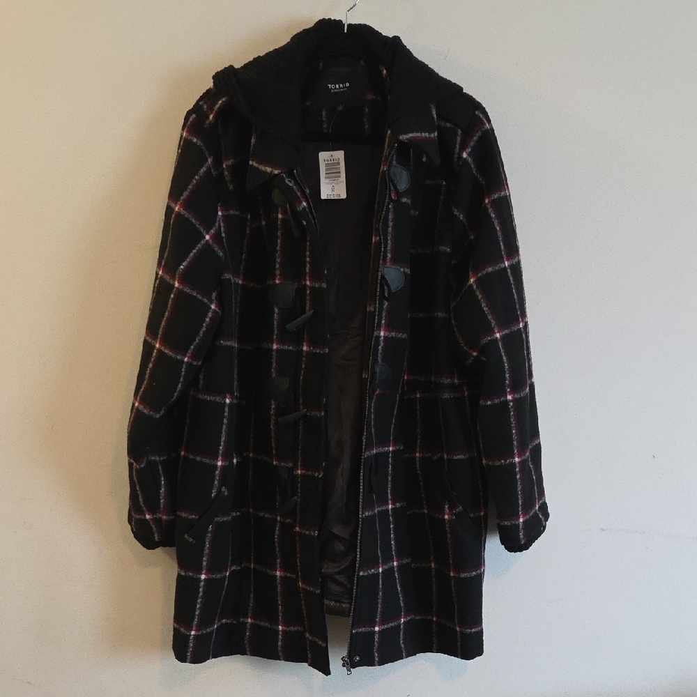 Torrid Black and Red Plaid Wool Peacoat   Size: 4X
